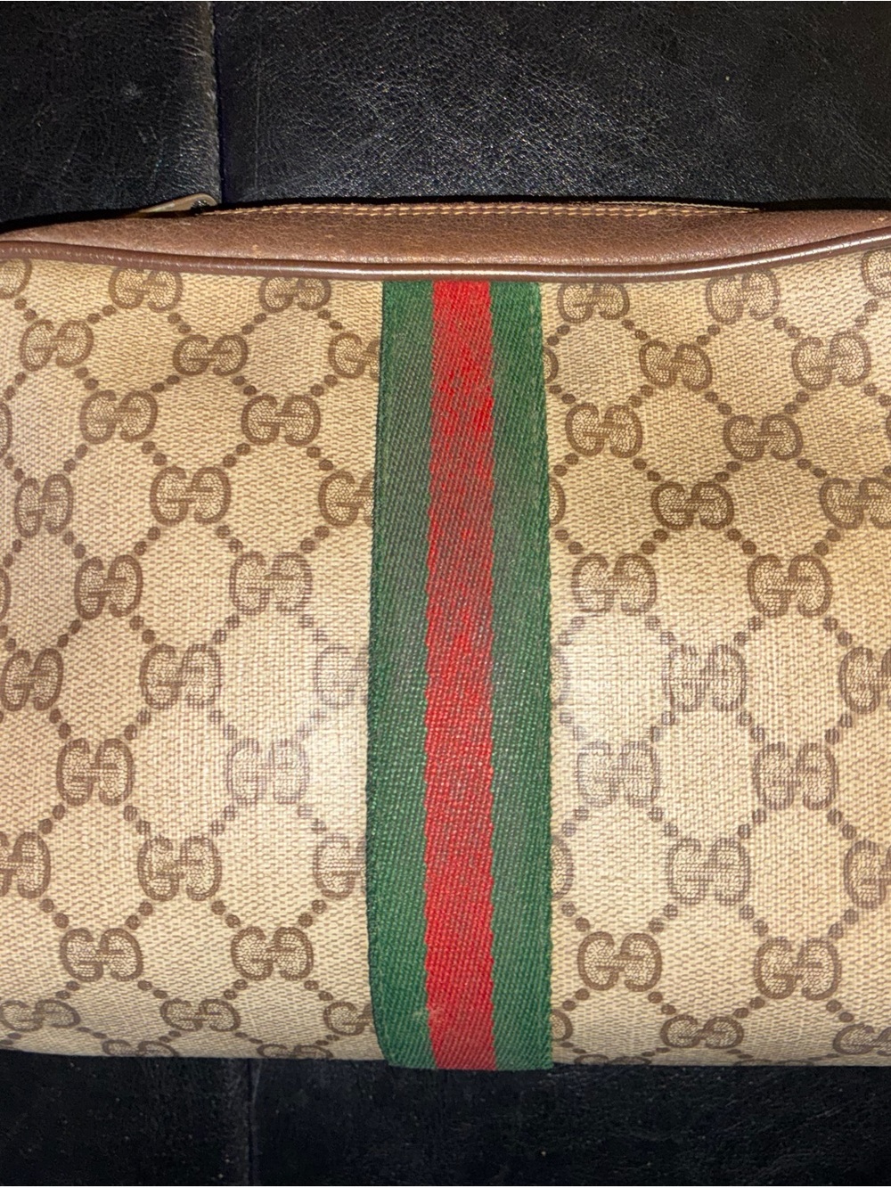 Gucci Beige GG Canvas Toiletry Pouch with Red and Green Web